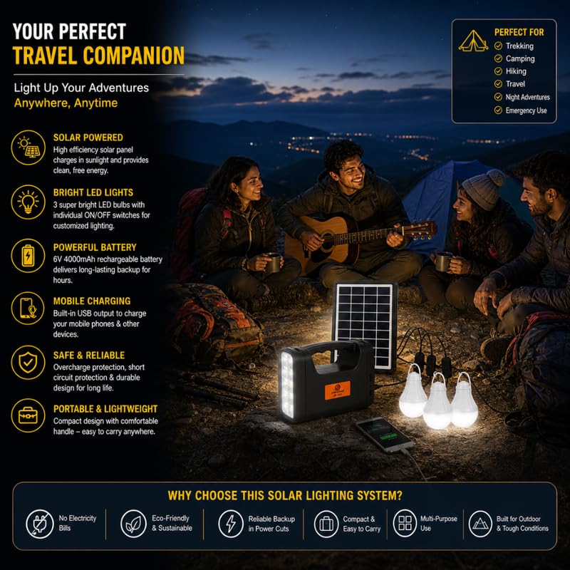 Kit Lampa cu incarcare solara, 3 becuri, incarcator priza si cablu universal incarcare telefon