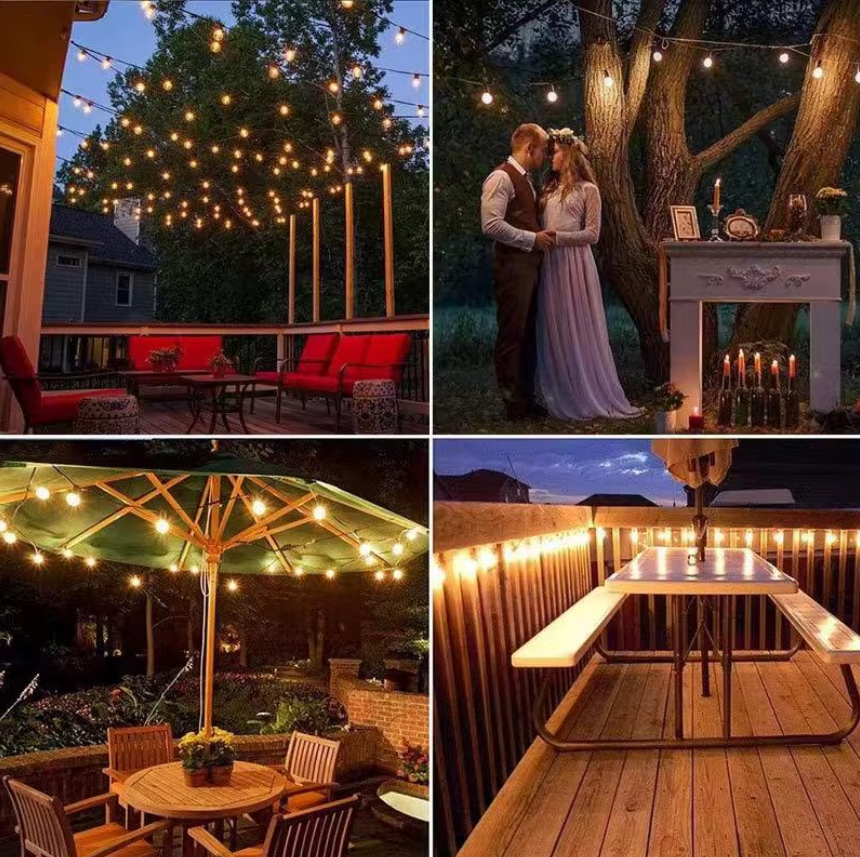 Ghirlanda luminoasa decorativa 10 metri cu 20 becuri filament E27, lumina calda relaxanta, cablu gros impermeabil IP65, conectabila, ideala pentru terasa, balcon, curte, nunti, petreceri, restaurante, efect estetic elegant