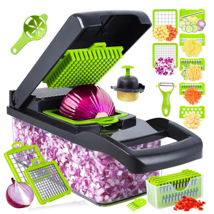 Tocator de legume multifunctional, 14 in 1, cu 8 lame, tocator de ceapa, feliator si taietor de legume, cu recipient, gri