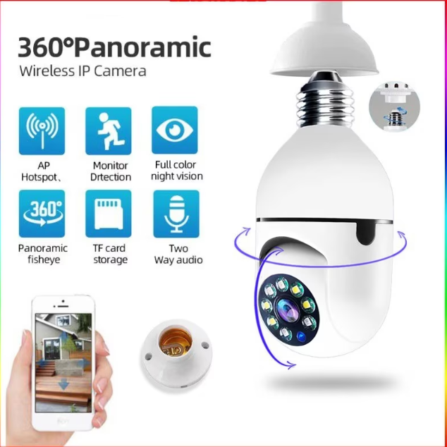 Camera de supraveghere Wifi IP E27 cu bec, viziune nocturna, wireless, CCTV, securitate video, protectie pentru bebelusi, mini camera video