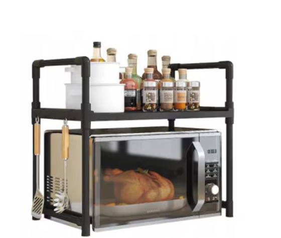 Raft Organizator Multifunctional pentru Bucatarie, Suport Supraetajat Cuptor Microunde, Metalic, cu Carlige Laterale