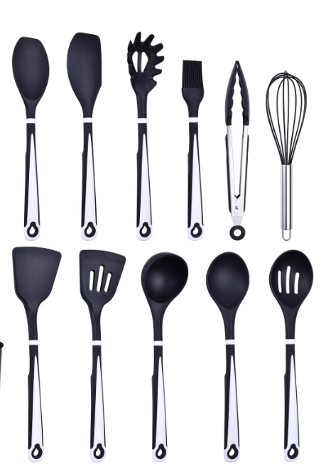 Set ustensile bucatarie 12 piese – lemn + silicon alimentar, termorezistente, suport blat negru