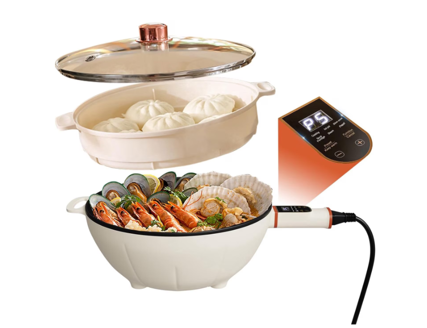 Tigaie electrica multifunctionala, RorAem, cu Tigaie Electrica Portabila Multifunctionala, pentru gatit fara aragaz, cu capac, cu abur, 4L, potrivit pentru plita cu inductie/gaz/ceramica/electrica, non-stick, 24 cm, Acoperire Marmura, Inductie, alb