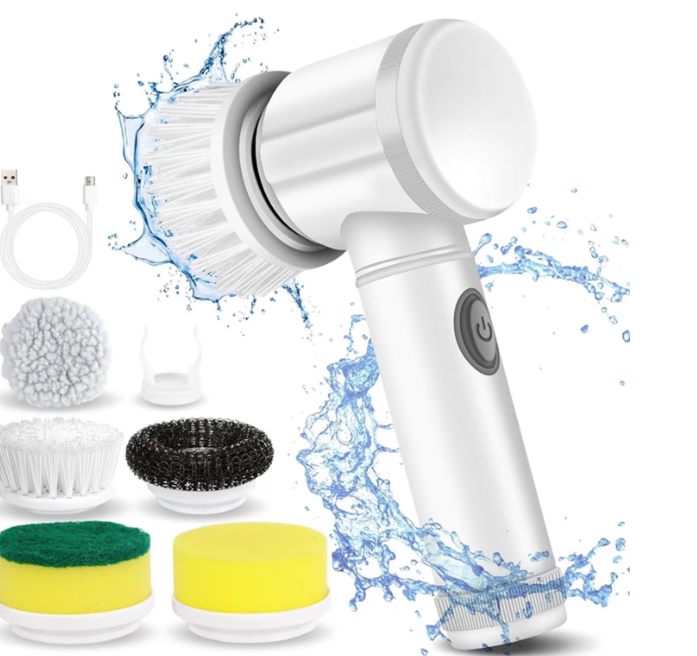 Perie electrica rotativa pentru curatenia rapida si fara efort Salestore.ro® puternica, 350 rotatii pe minut, baterie reincarcabila, folosire fara fir 80-100min, 5 capete interschimbabile folosite pentru diverse suprafete, Alb