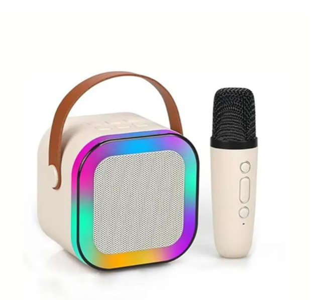 Boxa portabila Karaoke pentru copii, cu microfon wireless, conexiune Bluetooth, cu jocuri de lumini RGB, bej
