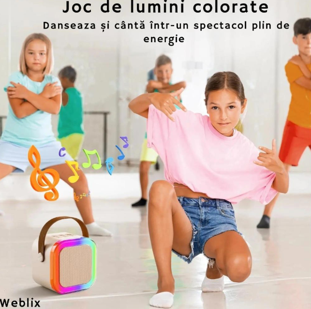 Boxa portabila Karaoke pentru copii, cu microfon wireless, conexiune Bluetooth, cu jocuri de lumini RGB, bej