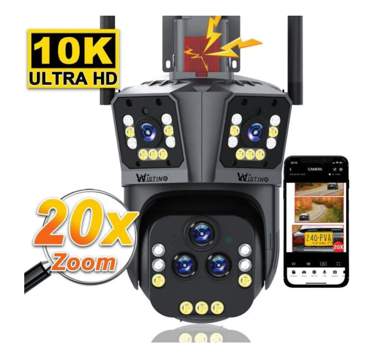 Camera de supraveghere WIFI 10K, 20MP, Zoom 20X, 5 lentile, Control din aplicatie, Comunicare bidirectionala, Urmarire automata