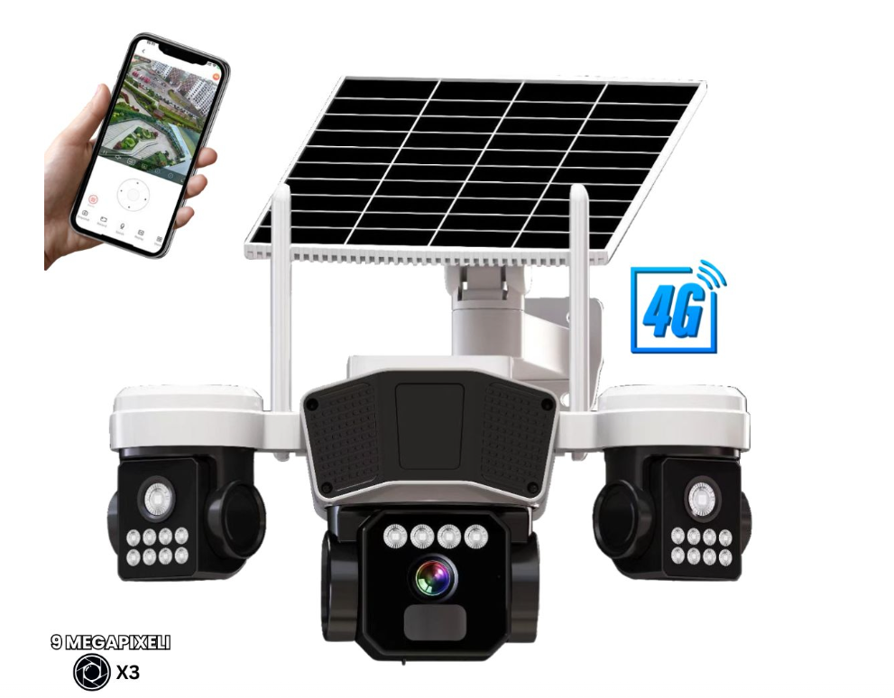 Camera de supraveghere CLAUSTEEL 3in1 cu panou solar, conexiune 4G, 9 MP, acumulator 16000 mAh, rotire automata, urmarire inteligenta, night vision color, slot MicroSD, vedere tripla