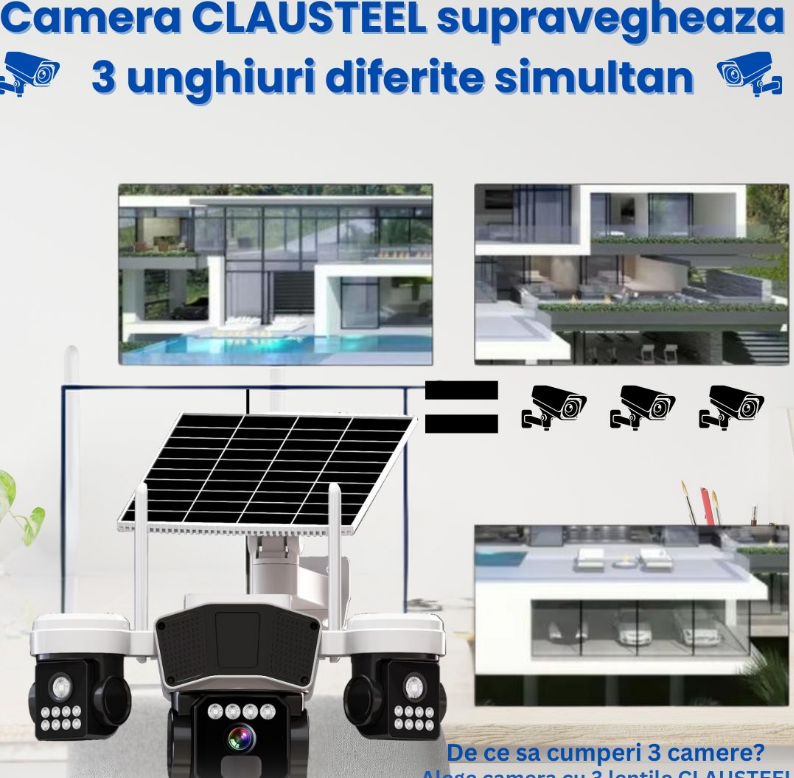 Camera de supraveghere CLAUSTEEL 3in1 cu panou solar, conexiune 4G, 9 MP, acumulator 16000 mAh, rotire automata, urmarire inteligenta, night vision color, slot MicroSD, vedere tripla