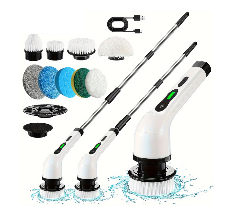 Perie electrica rotativa pentru curatare, eficienta fara efort, maner extensibil, baterie reincarcabila si functionalitate fara fir pana la 2H, Curatare Baie, Cada, Gresie, 9 capete detasabile, Alb Negru, Mop electric 25 w La retea 5 ml