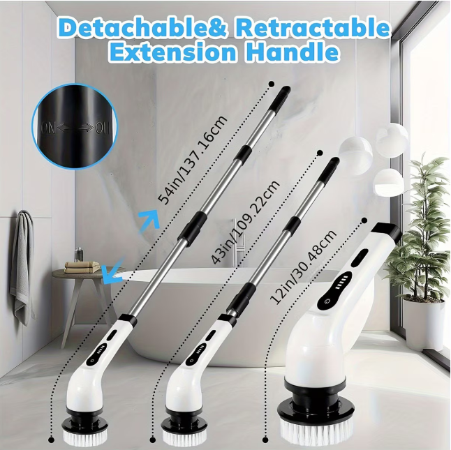 Perie electrica rotativa pentru curatare, eficienta fara efort, maner extensibil, baterie reincarcabila si functionalitate fara fir pana la 2H, Curatare Baie, Cada, Gresie, 9 capete detasabile, Alb Negru, Mop electric 25 w La retea 5 ml