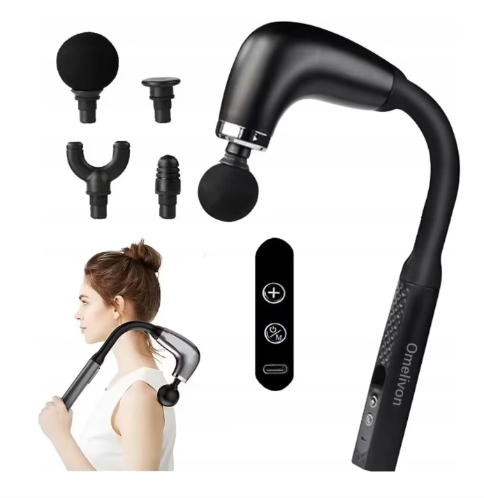 Pistol de masaj cu maner extins, Omelivon®,4 capete de masaj, 9 viteze, Aparat Pentru Masaj Premium, Tip Pistol Masaj Deep Tissue Pentru Umeri, negru