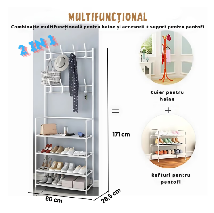 Raft multifunctional pentru haine si incaltaminte, structura metalica rezistenta, bara pentru umerase, 5 rafturi spatioase, design modern, ideal pentru hol, dormitor sau dressing, alb, 60x26.5x171 cm