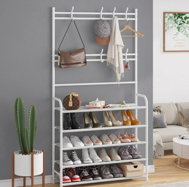 Raft multifunctional pentru haine si incaltaminte, structura metalica rezistenta, bara pentru umerase, 5 rafturi spatioase, design modern, ideal pentru hol, dormitor sau dressing, alb, 60x26.5x171 cm