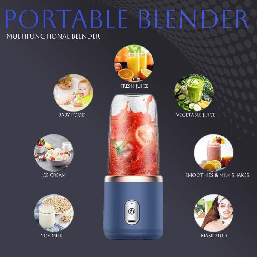 Blender pentru sucuri si smoothie-uri, 6 lame, albastru, set mixer si cana, USB reincarcabil