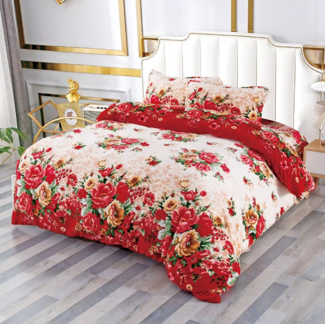 Lenjerie de pat, 2 persoane, 4 piese, crem, cu floricele rosii, CC456