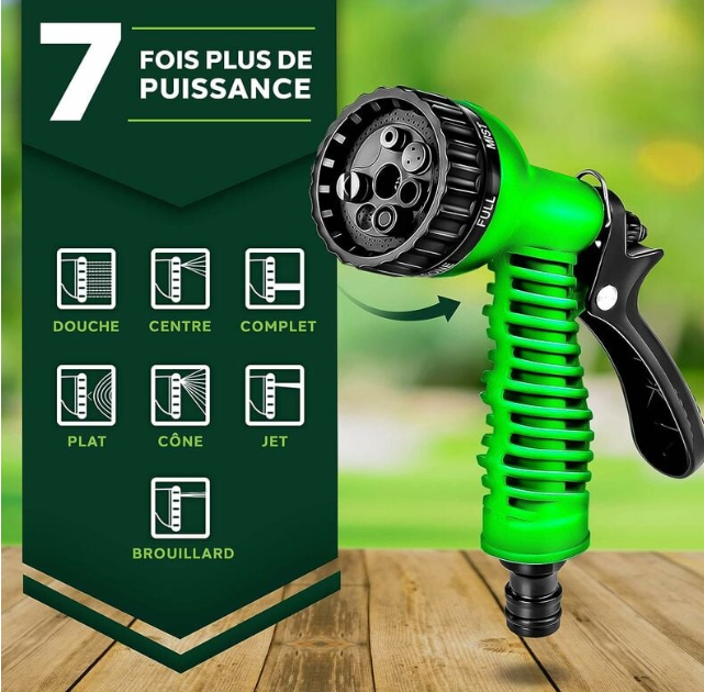 Furtun Extensibil Verde 30 metri, Pistol cu 7 pozitii de udare si accesorii pentru udat incluse