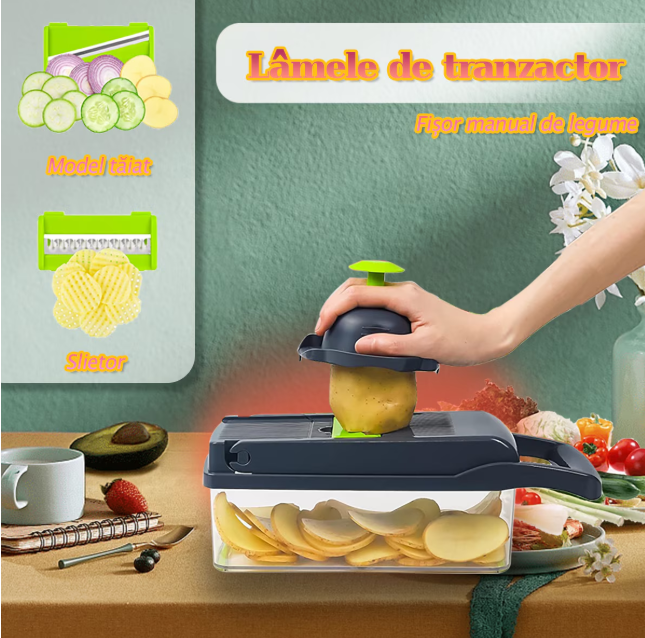 Tocator de legume multifunctional, 14 in 1, cu 8 lame, tocator de ceapa, feliator si taietor de legume, cu recipient, gri