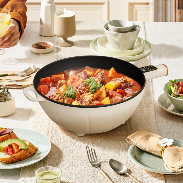 Tigaie electrica multifunctionala, RorAem, cu Tigaie Electrica Portabila Multifunctionala, pentru gatit fara aragaz, cu capac, cu abur, 4L, potrivit pentru plita cu inductie/gaz/ceramica/electrica, non-stick, 24 cm, Acoperire Marmura, Inductie, alb