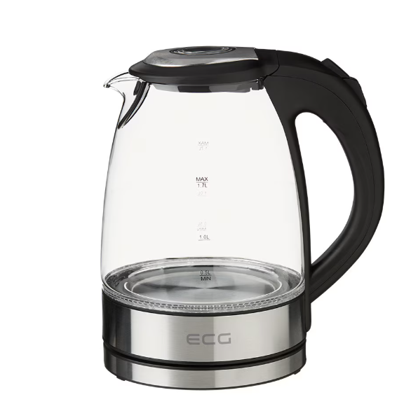 Cana electrica fierbator din sticla ECG RK 1776 Glass, 1,7 L, 2200 W, lumina albastra de fundal