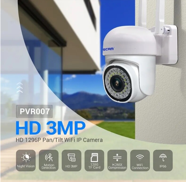 Camera IP fara fir de exterior ESCAM, Model PVR007, FHD, 1080P, H.265, 3 Megapixeli, WIFI, Rezistent la apa, Alb