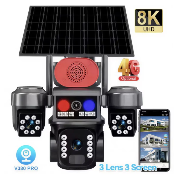 Camera Supraveghere 4G cu Panou Solar Tip Crocodil, 3 Camere rotative 720°, 15 MP (5 + 5 + 5MP), 8K UHD, Panou Solar Monocristalin, Viziune Nocturna, Detectare Umana, Zoom 10 X, Functie Audio Bidirect