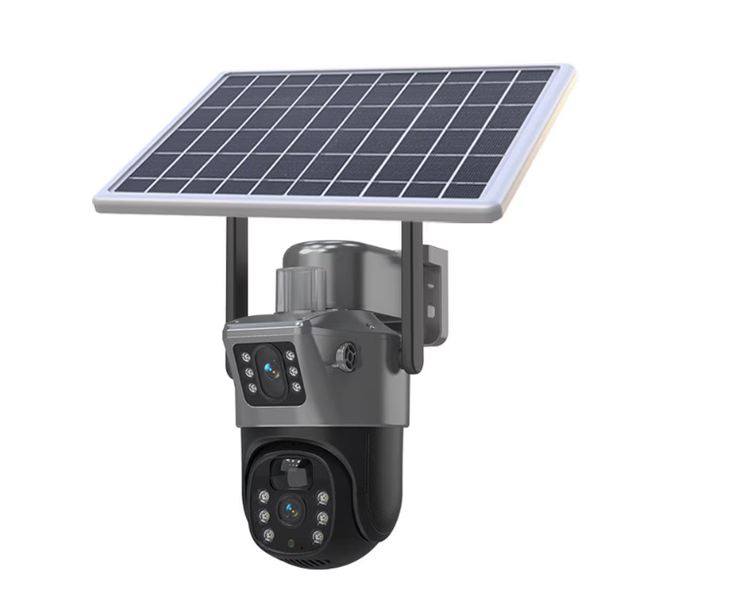 Camera Supraveghere WIFI cu Panou Solar si Lentile Duble, Rqiurpn, 8MP Ultra HD, vedere nocturna, IP66, neagra