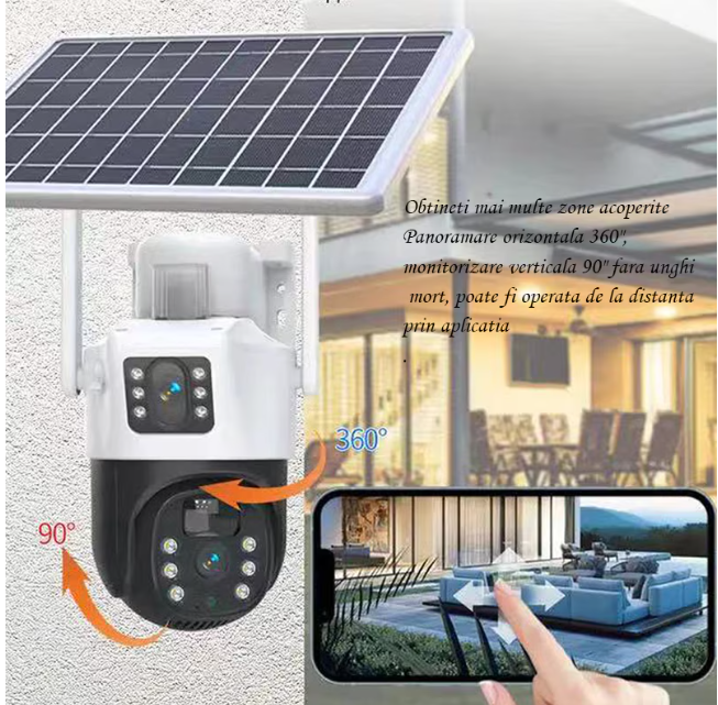 Camera Supraveghere WIFI cu Panou Solar si Lentile Duble, Rqiurpn, 8MP Ultra HD, vedere nocturna, IP66, neagra