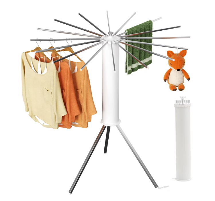 Uscator de Rufe Tip Umbrela, Hggzeg, Uscator Vertical Pliabil Pentru Rufe Haine, 16 tije de uscare, Rotatie de 360°, Capacitate maxima de incarcare 40 kg, Potrivit pentru terase, balcoane, spalatorii, Plastic/otel carbon, 112x125 cm, Alb